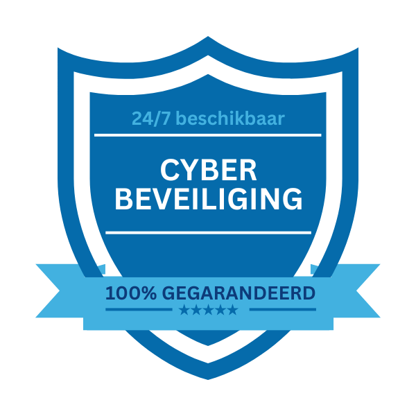 Logo van de cyberverzekering met een blauw schild, witte tekst "Cyberbeveiliging", blauwe tekst "24/7 beschikbaar", en een blauwe banner met "100% gegarandeerd" en 5 sterren.